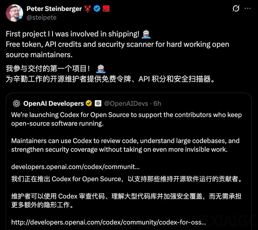 龙虾之父参与的首个OpenAI项目：@开源贡献者，ChatGPT token免费送