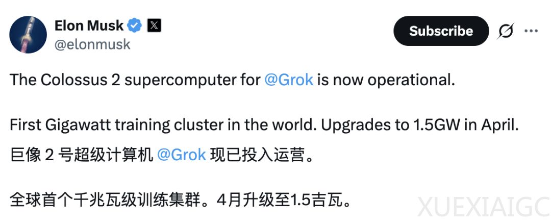 马斯克最大算力中心建成了：全球首个GW级超算集群，再创世界纪录