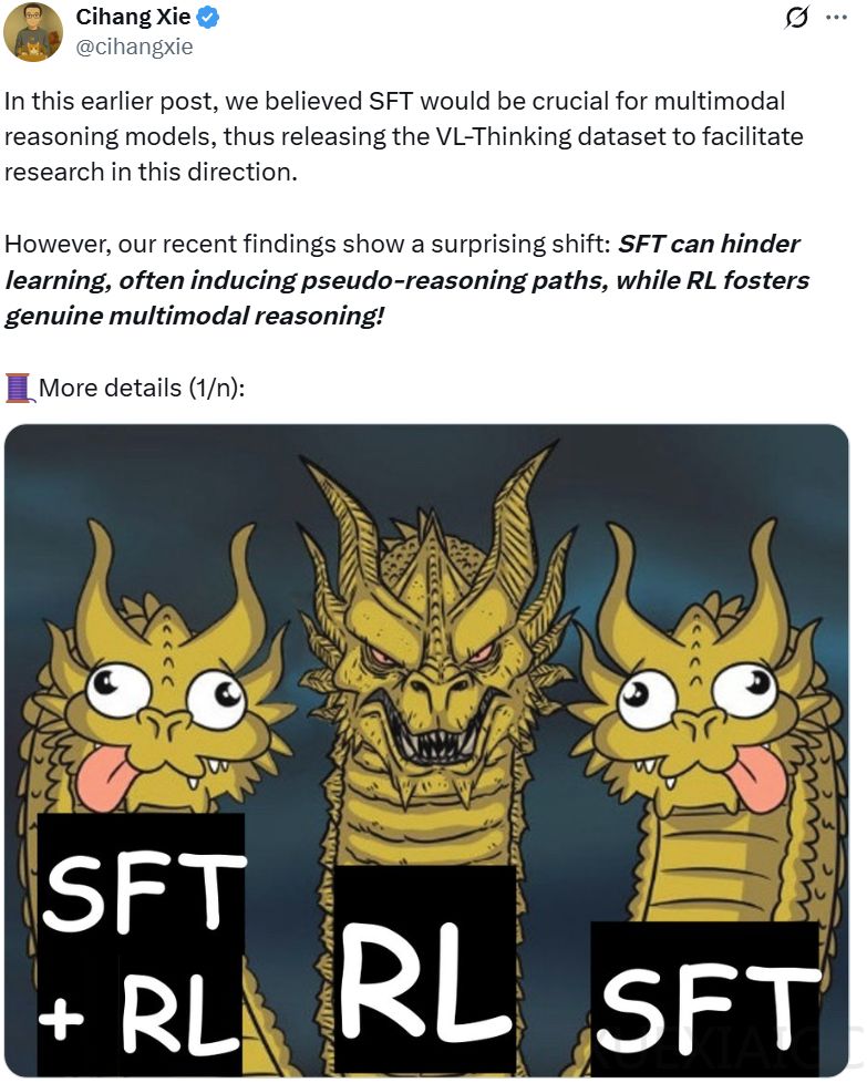 SFT在帮倒忙?新研究:直接进行强化学习,模型多模态推理上限更高